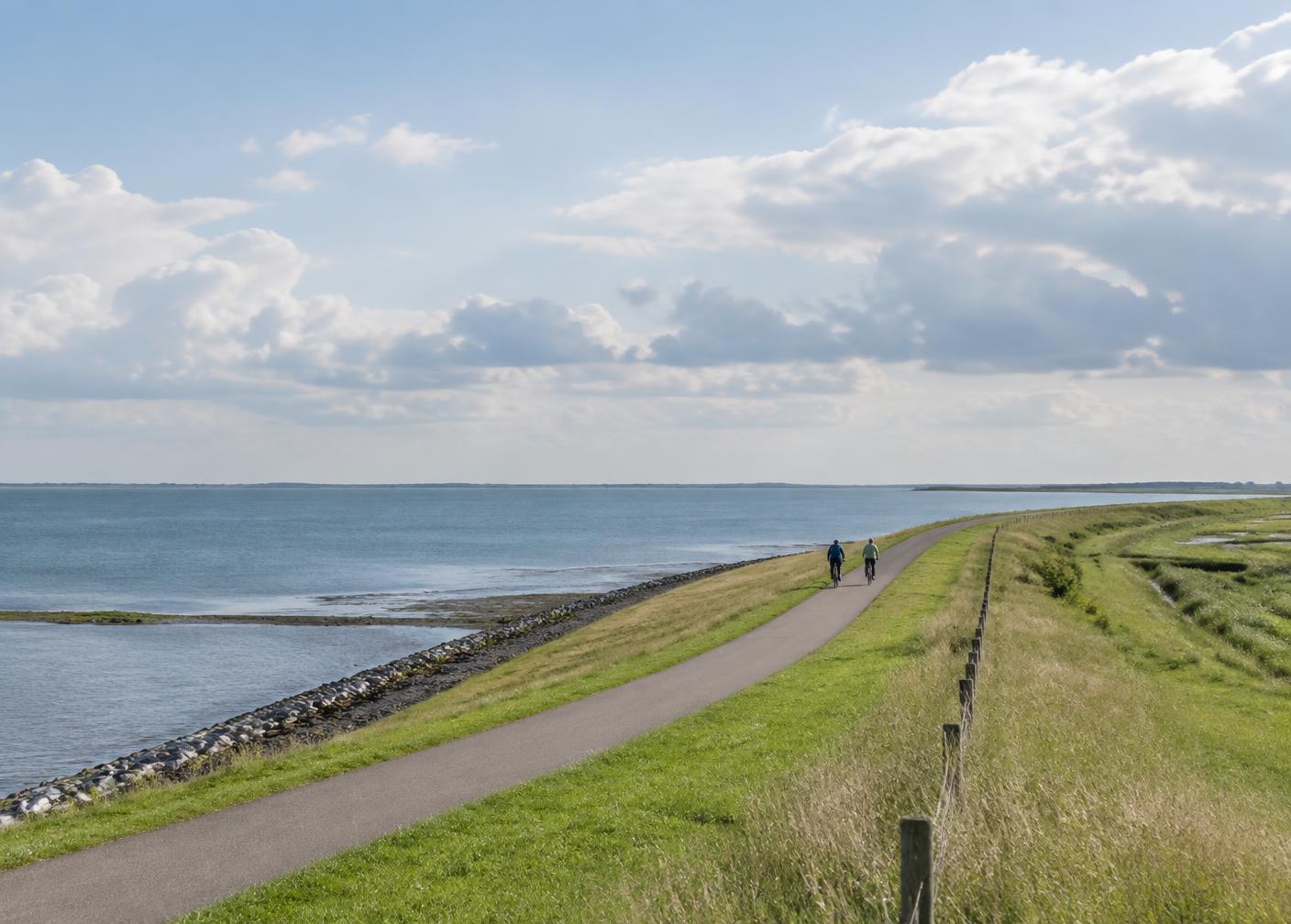 Fietsers op een Zeeuwse dijk langs het water